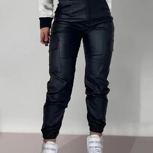 Black High-Waisted Faux Leather Cargo Pants